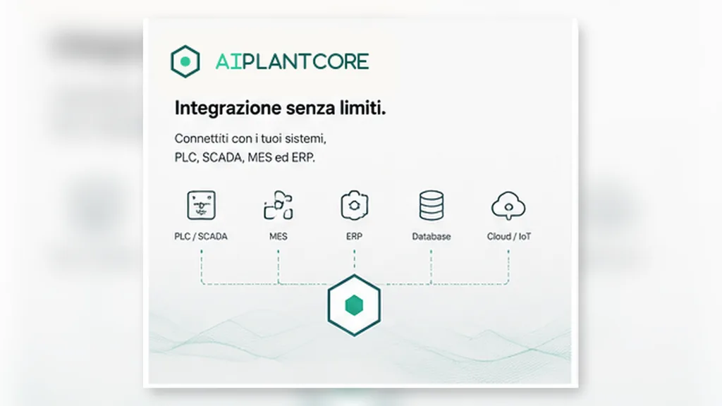 Immagine generata con IA: Illustrazione di connettori e integrazioni industriali tra macchine e sistemi aziendali, contenuto generato a scopo dimostrativo